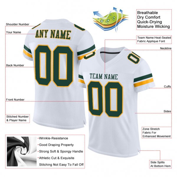 Women's Custom White Green-Gold Mesh Authentic Football Jersey