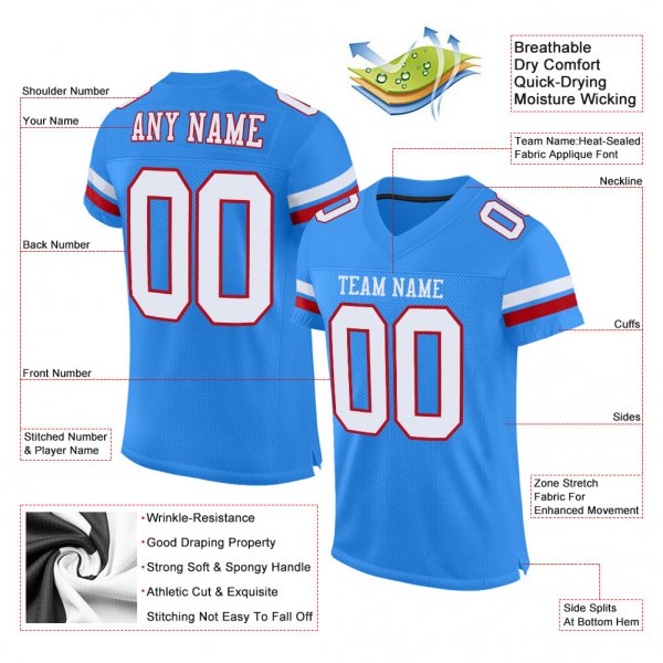 Women's Custom Powder Blue White-Red Mesh Authentic Football Jersey