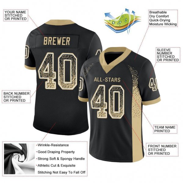 Youth Custom Black Vegas Gold-White Mesh Drift Fashion Football Jersey