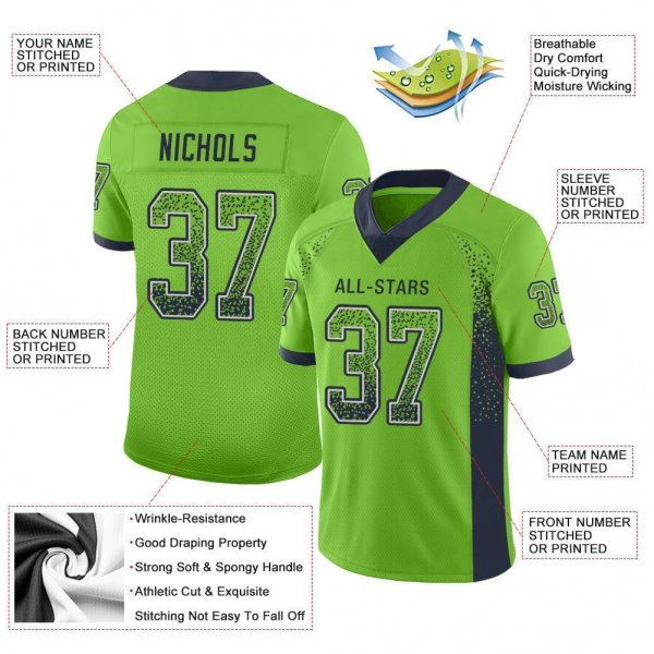 Youth Custom Neon Green Navy-Gray Mesh Drift Fashion Football Jersey