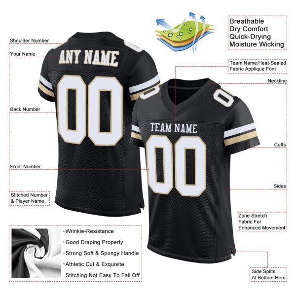 Men's Custom Black White-Vegas Gold Mesh Authentic Football Jersey