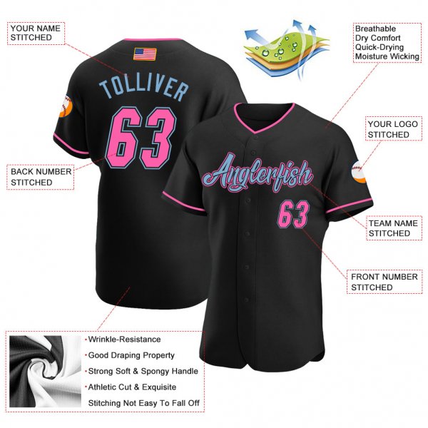 Women's Custom Black Pink-Light Blue Authentic American Flag Fashion Baseball Jersey